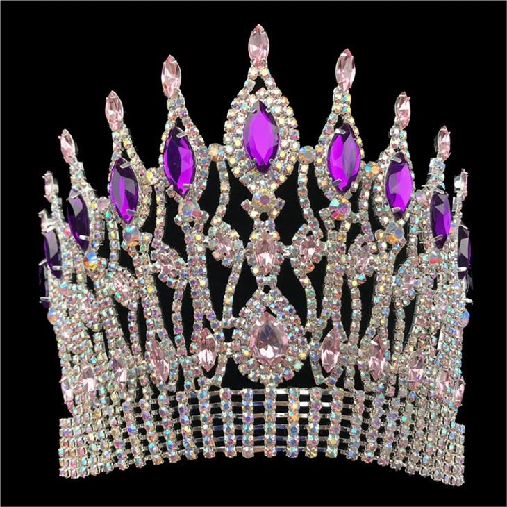 6 Inch Custom Crown Purple AB Rhinestone Pageant Crowns Crystal Adjust Band Tiara