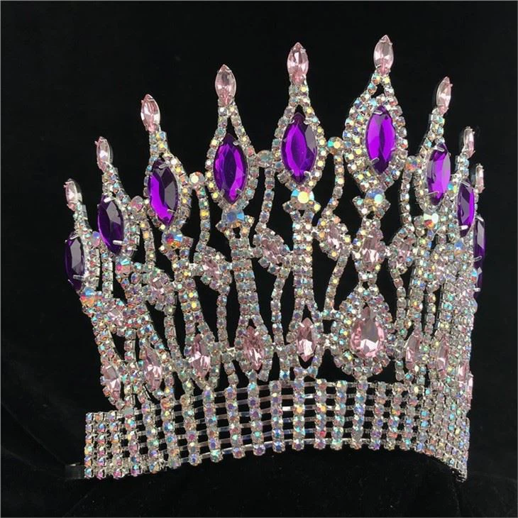 6 Inch Custom Crown Purple AB Rhinestone Pageant Crowns Crystal Adjust Band Tiara