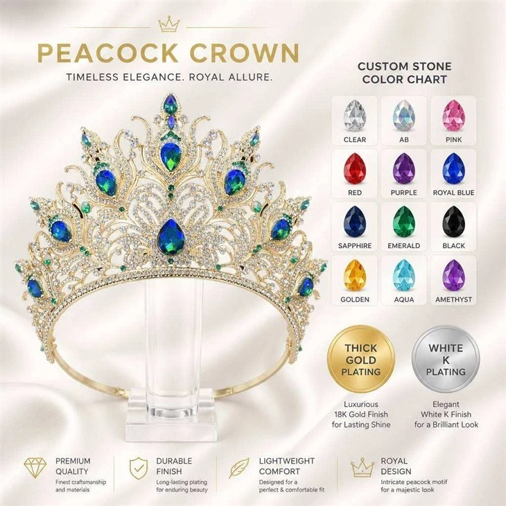 Pageant Crown Custom Color Plating Crystal Peacock Blue Rhinestone Queen Bridal Crown best
