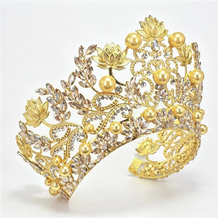 White Lotus Flower Pearl Bridal Crown Leaf Floral Queen Prom Tiara high quality