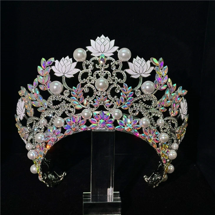 White Lotus Flower Pearl Bridal Crown Leaf Floral Queen Prom Tiara factory