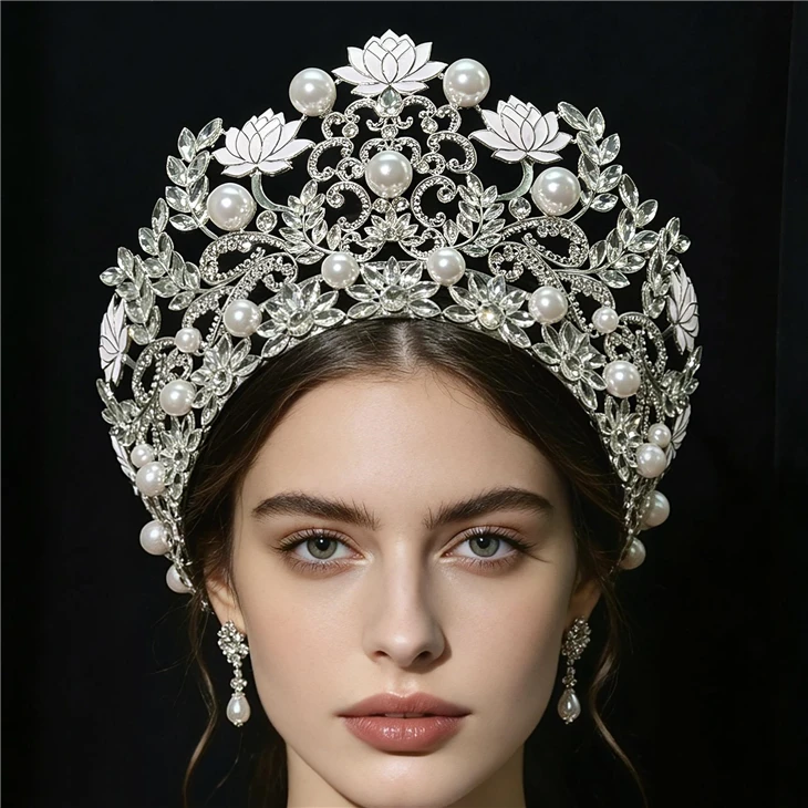 White Lotus Flower Pearl Bridal Crown Leaf Floral Queen Prom Tiara suppliers